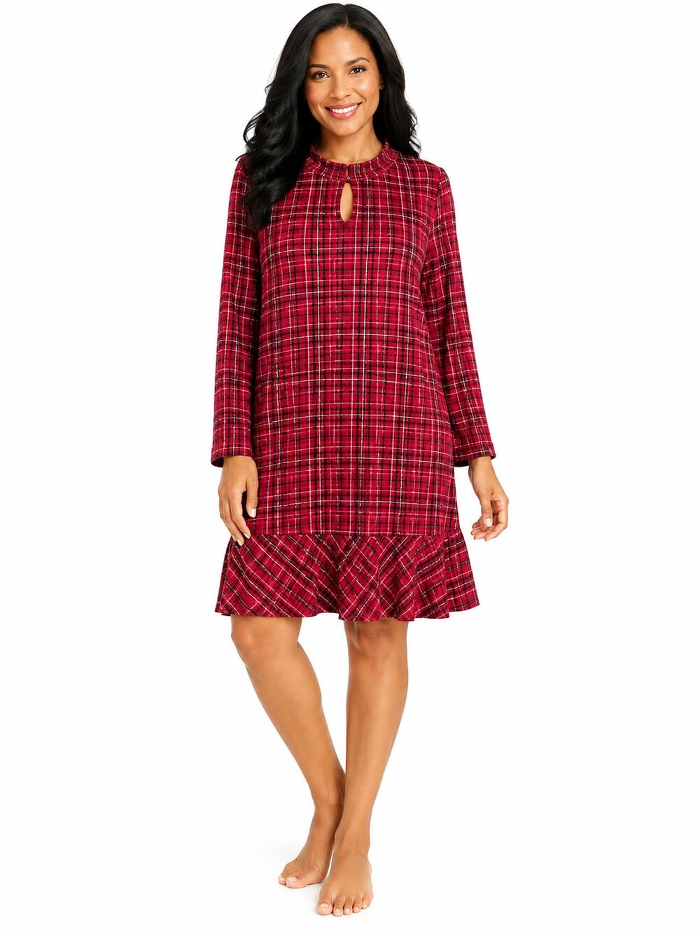 Isaac Mizrahi Live Plaid Jacquard Mock Neck Flounce Hem Dress Red Large NWT